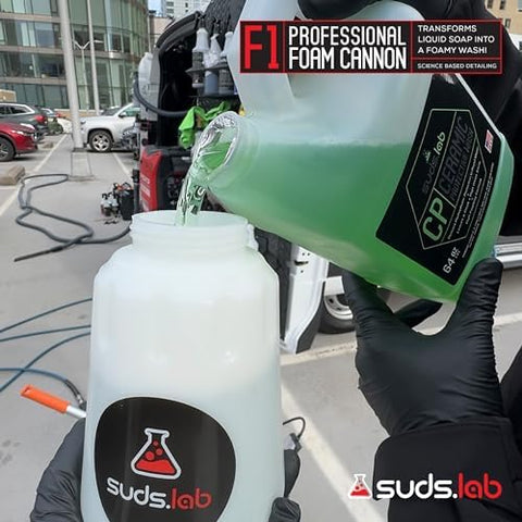 Suds Lab F1 quick-connect attachment speeds setup to your pressure washer