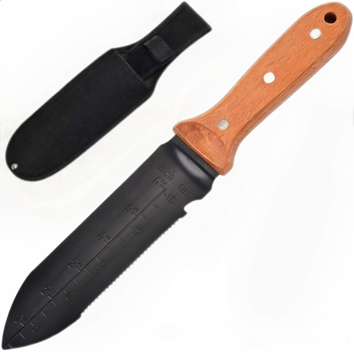 SUJWPBO Hori Hori knife blade close-up shows a sharp, double-edged edge for clean cuts.