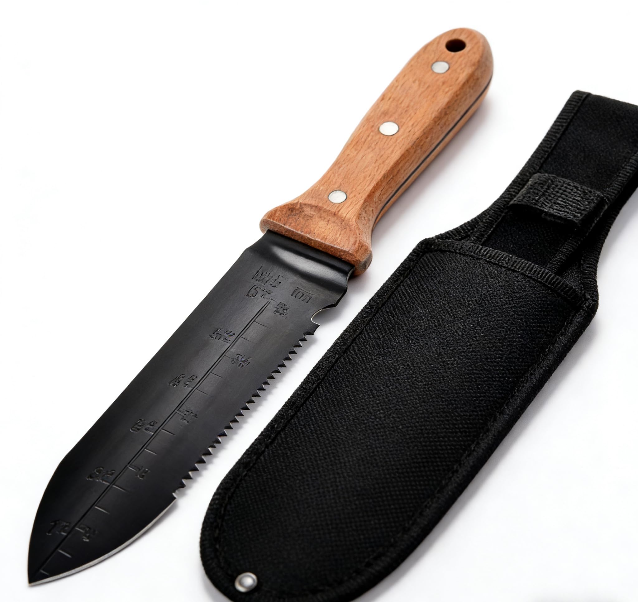 SUJWPBO Hori Hori knife wooden handle with ergonomic grip for comfortable all-day use.