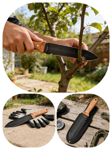 SUJWPBO Hori Hori knife prunes branches and cultivates soil for healthier beds.