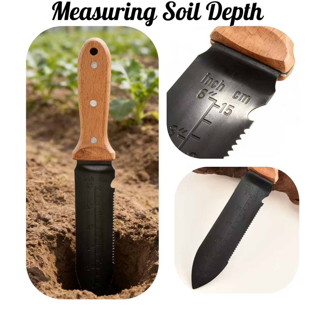 SUJWPBO Hori Hori knife reduces weeds like dandelions with root and soil pull.