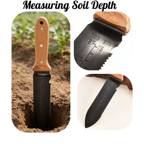 SUJWPBO Hori Hori knife reduces weeds like dandelions with root and soil pull.