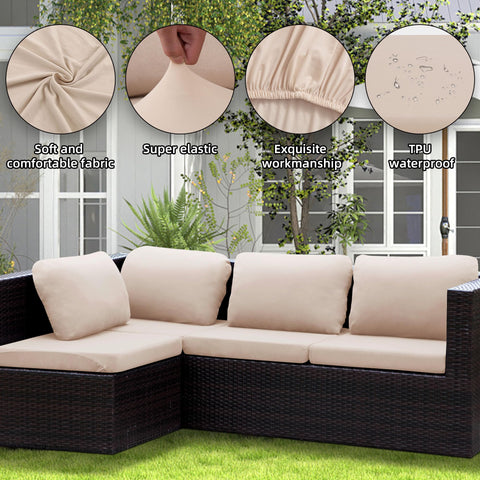 SUKAIKEQA multi-piece set covers seat and back cushions for complete outdoor coverage.