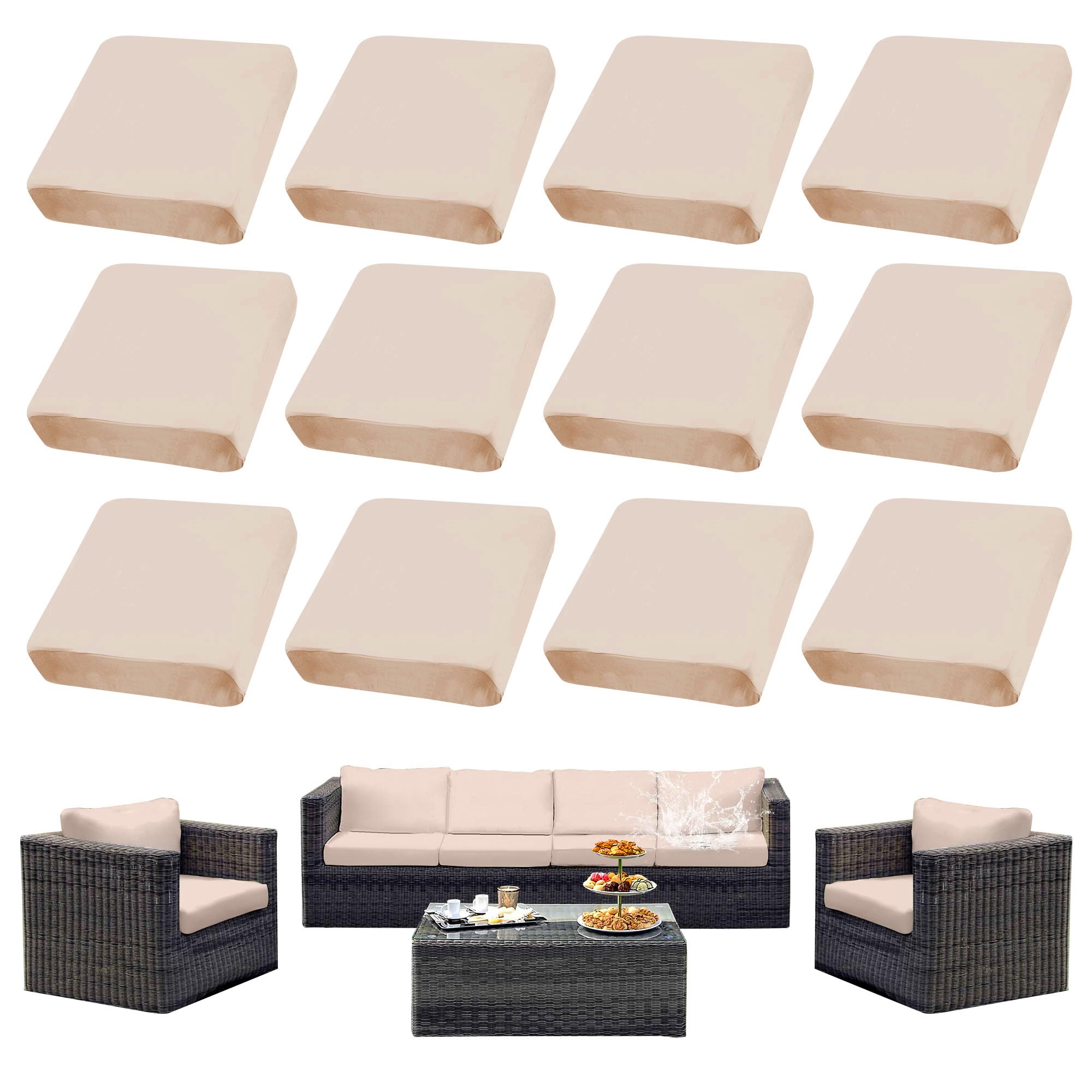 SUKAIKEQA outdoor cushion covers 12-piece set on a patio sofa for a refreshed look.