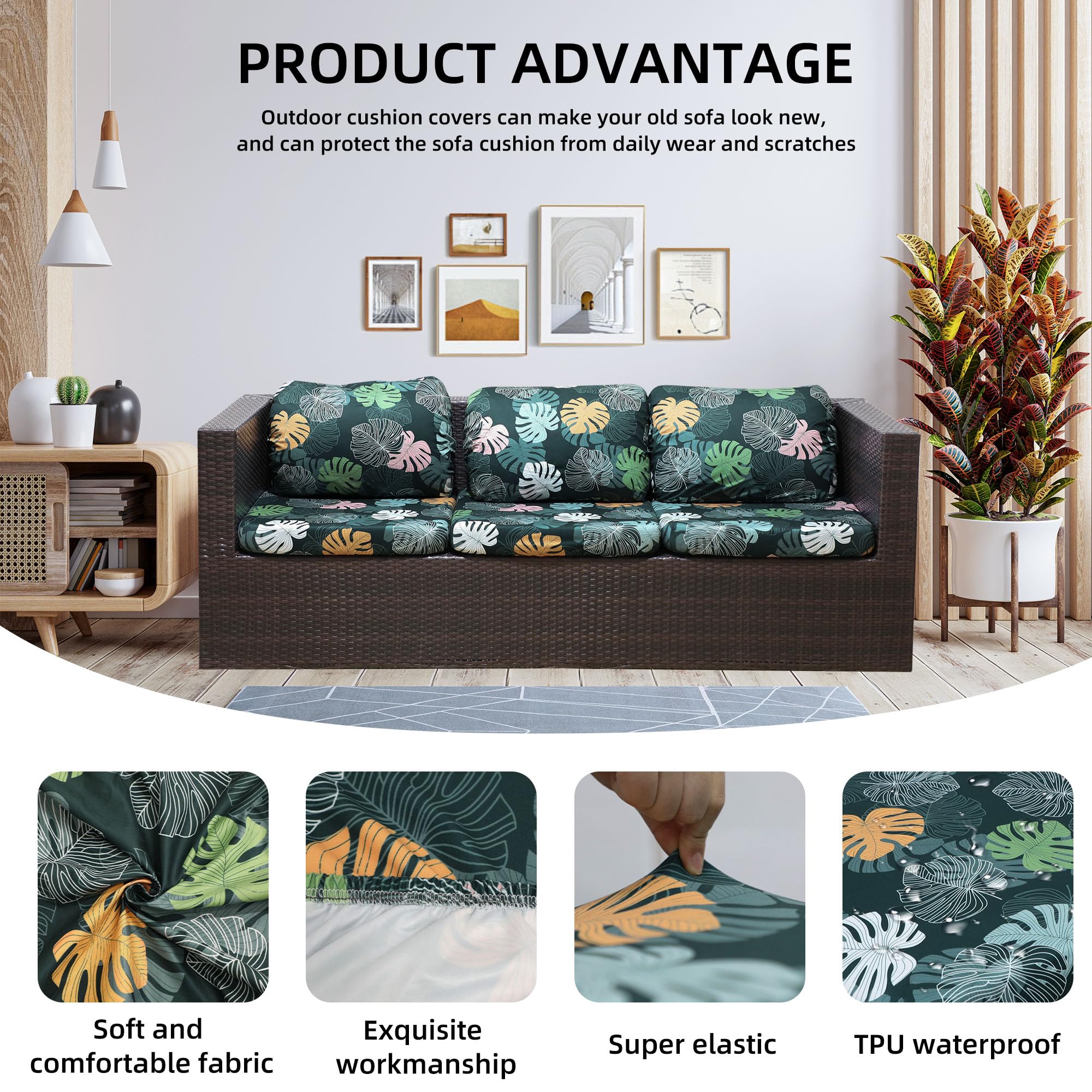 SUKAIKEQA outdoor cushion covers stretch-fit design on cushions.