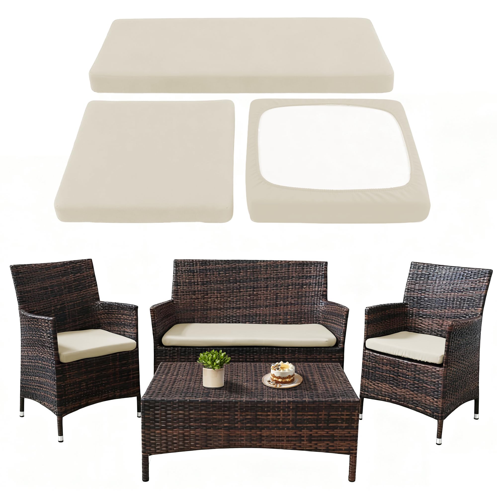 SUKAIKEQA waterproof 3-piece cushion covers on patio sofa, protecting cushions from rain and stains.