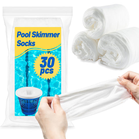 Sukh 30-pack pool skimmer socks fitted on a basket to trap debris.