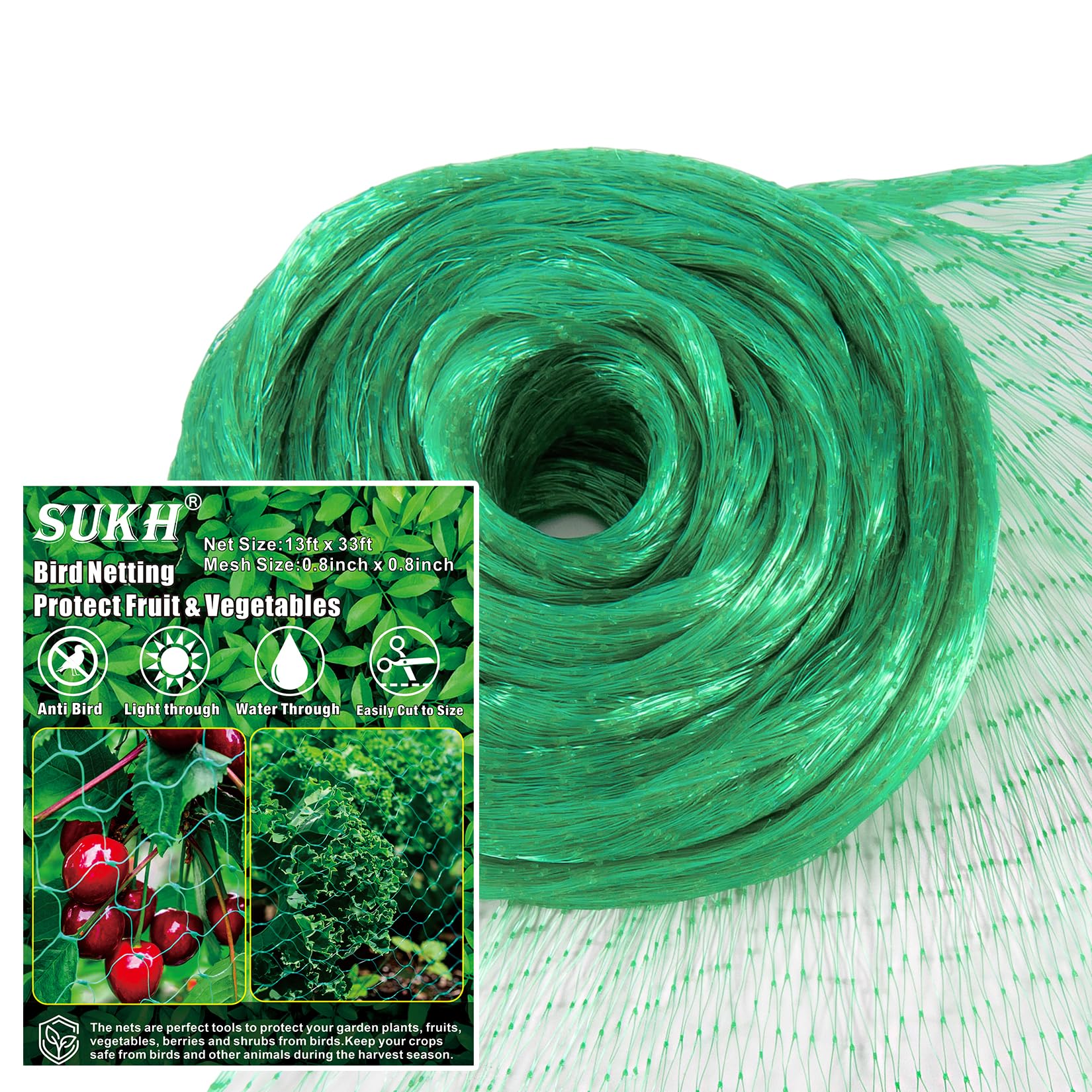 Sukh Bird Netting 13x33ft protecting plants from birds while allowing sun and rain.