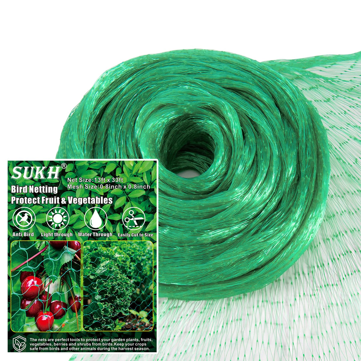 Sukh Bird Netting 13x33ft protecting plants from birds while allowing sun and rain.