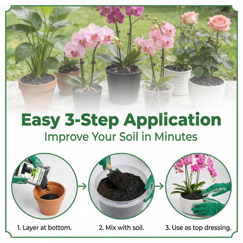 Sukh Horticultural Charcoal in potting soil supports moisture balance.