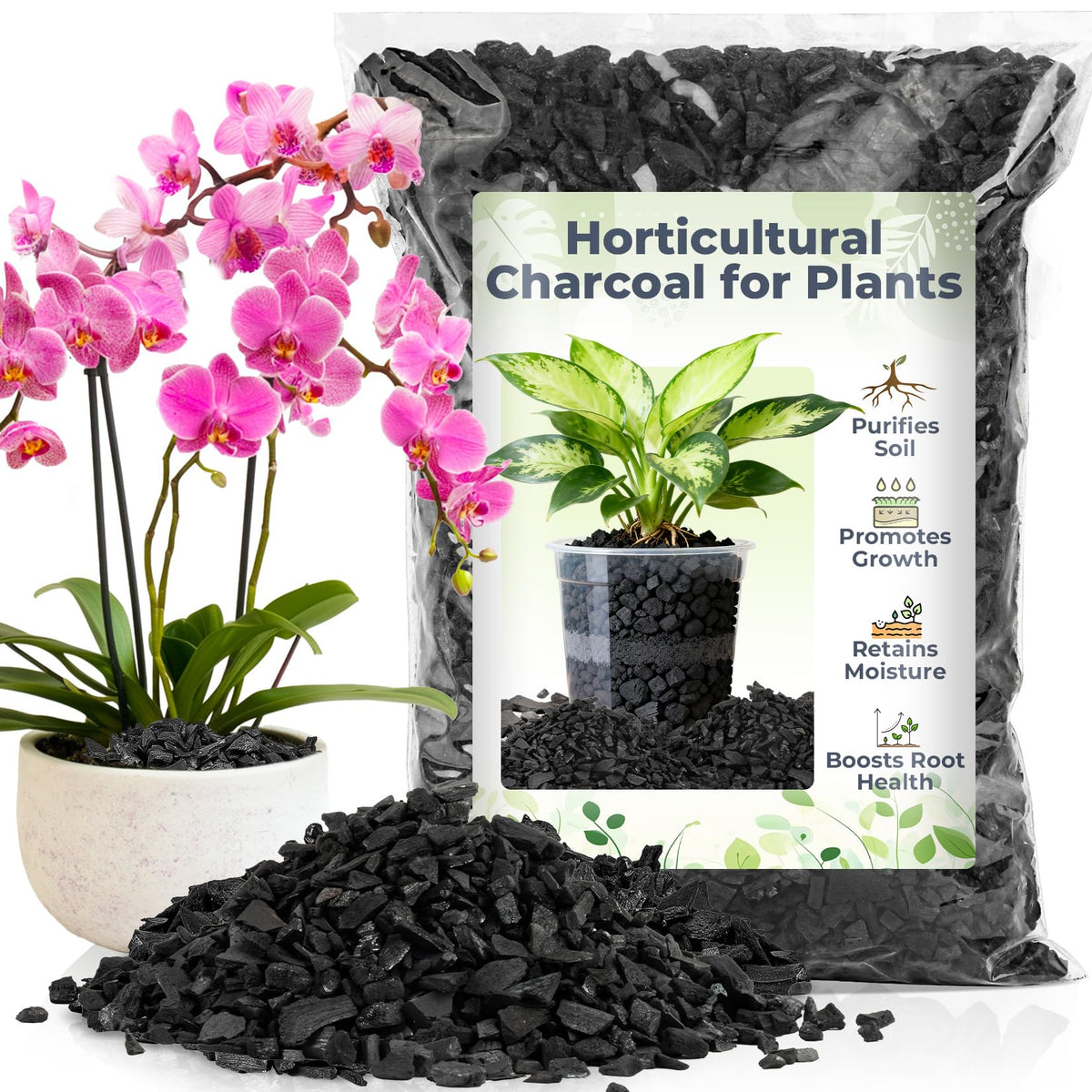 Sukh Horticultural Charcoal for orchids in potting mix improves drainage and root health.