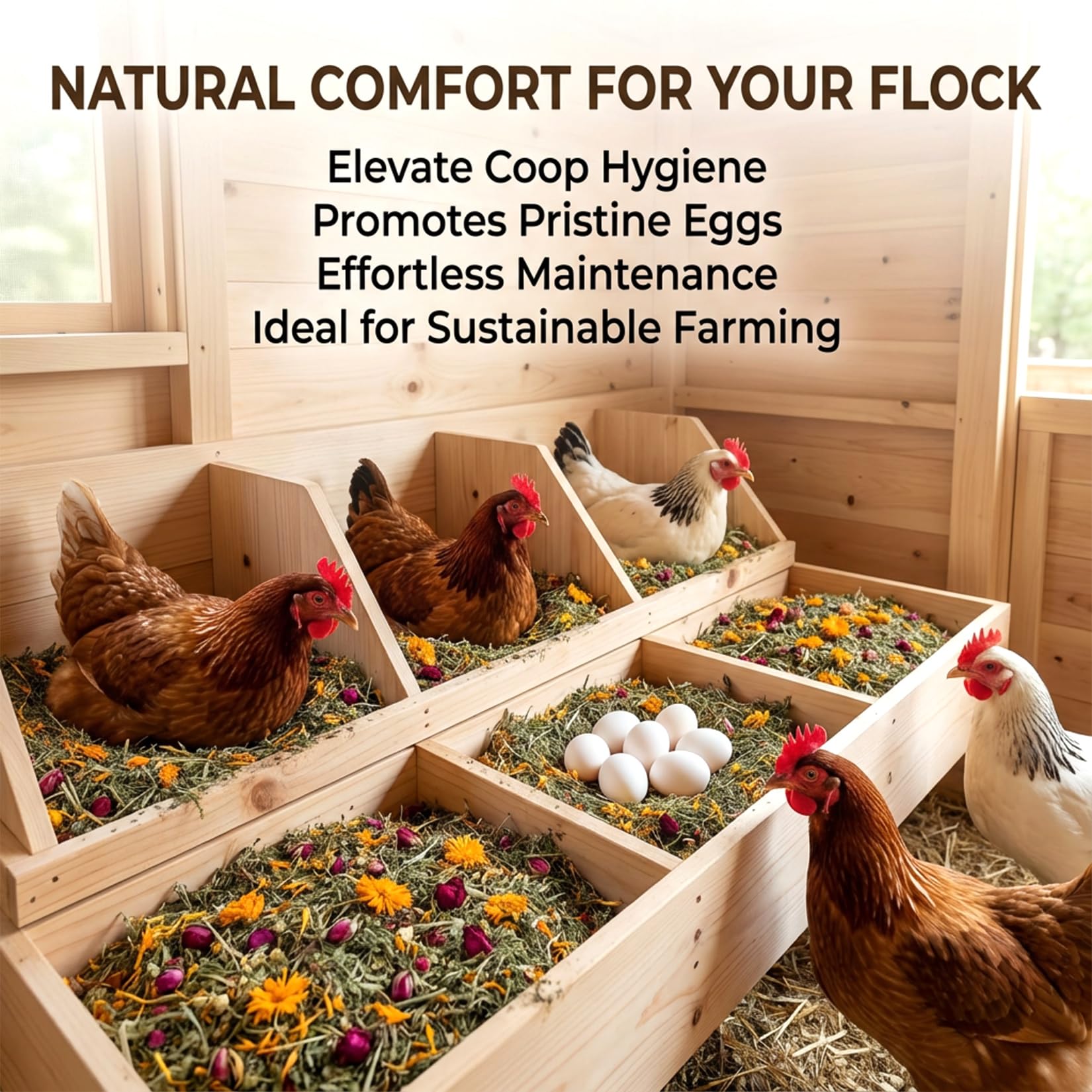 Sukh Nesting Herbs in the coop blend enhances egg flavor and aroma for premium poultry products.