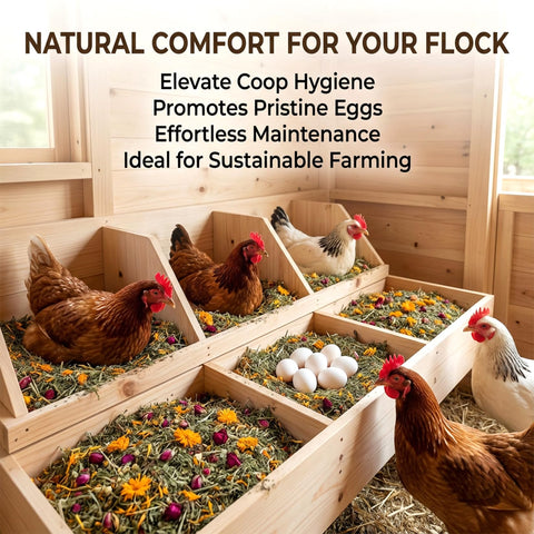 Sukh Nesting Herbs in the coop blend enhances egg flavor and aroma for premium poultry products.