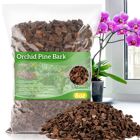 Sukh Orchid Bark 8oz bag shows natural pine chips for orchid potting and mulch