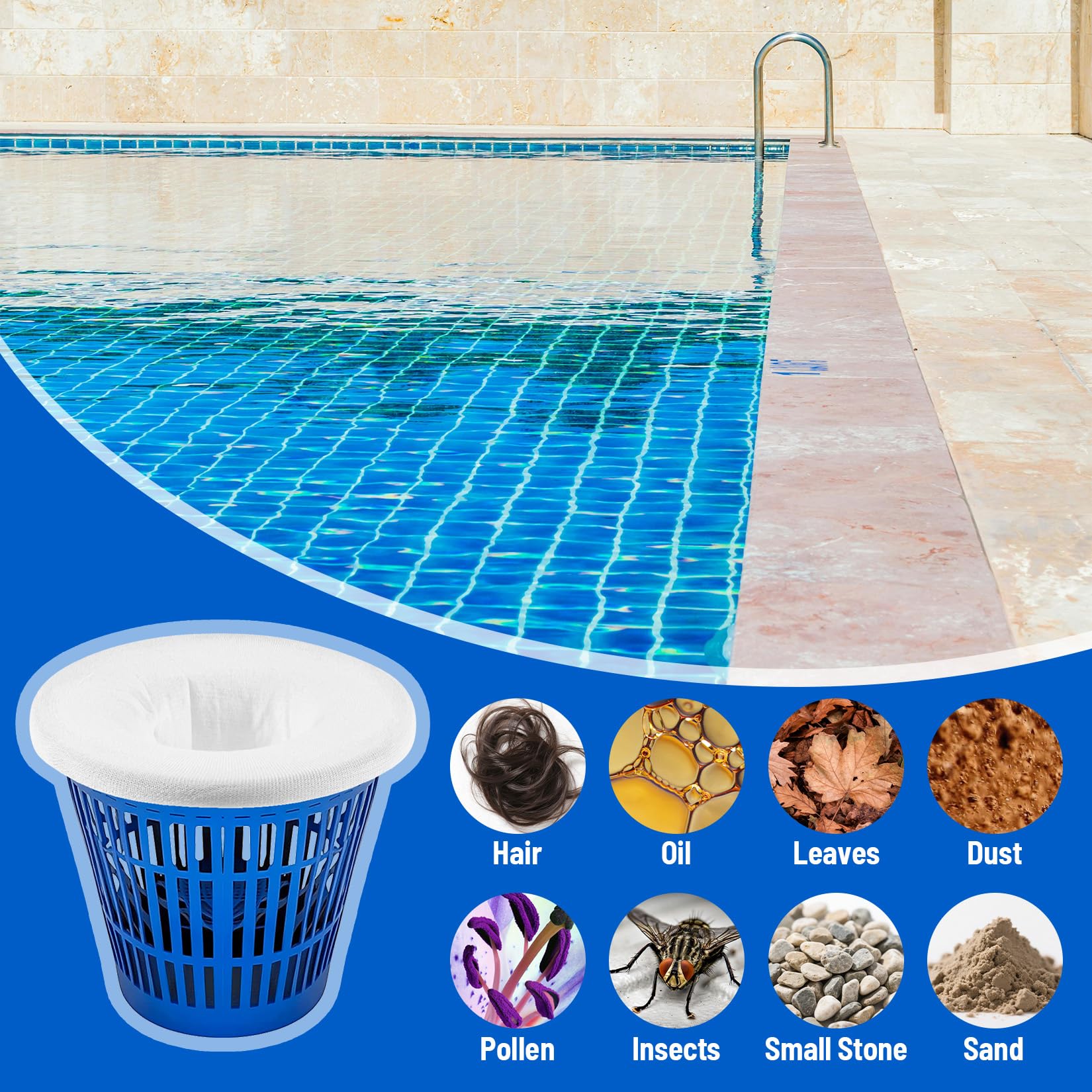 Sukh skimmer sock used in hot tubs and spas keeps baskets cleaner.