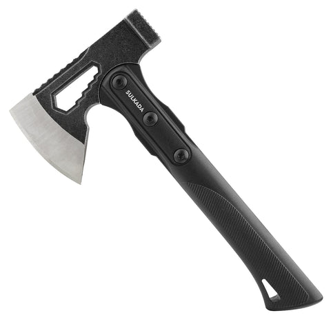 SULKADA camping hatchet head close-up shows sturdy one-piece blade for reliable cutting.