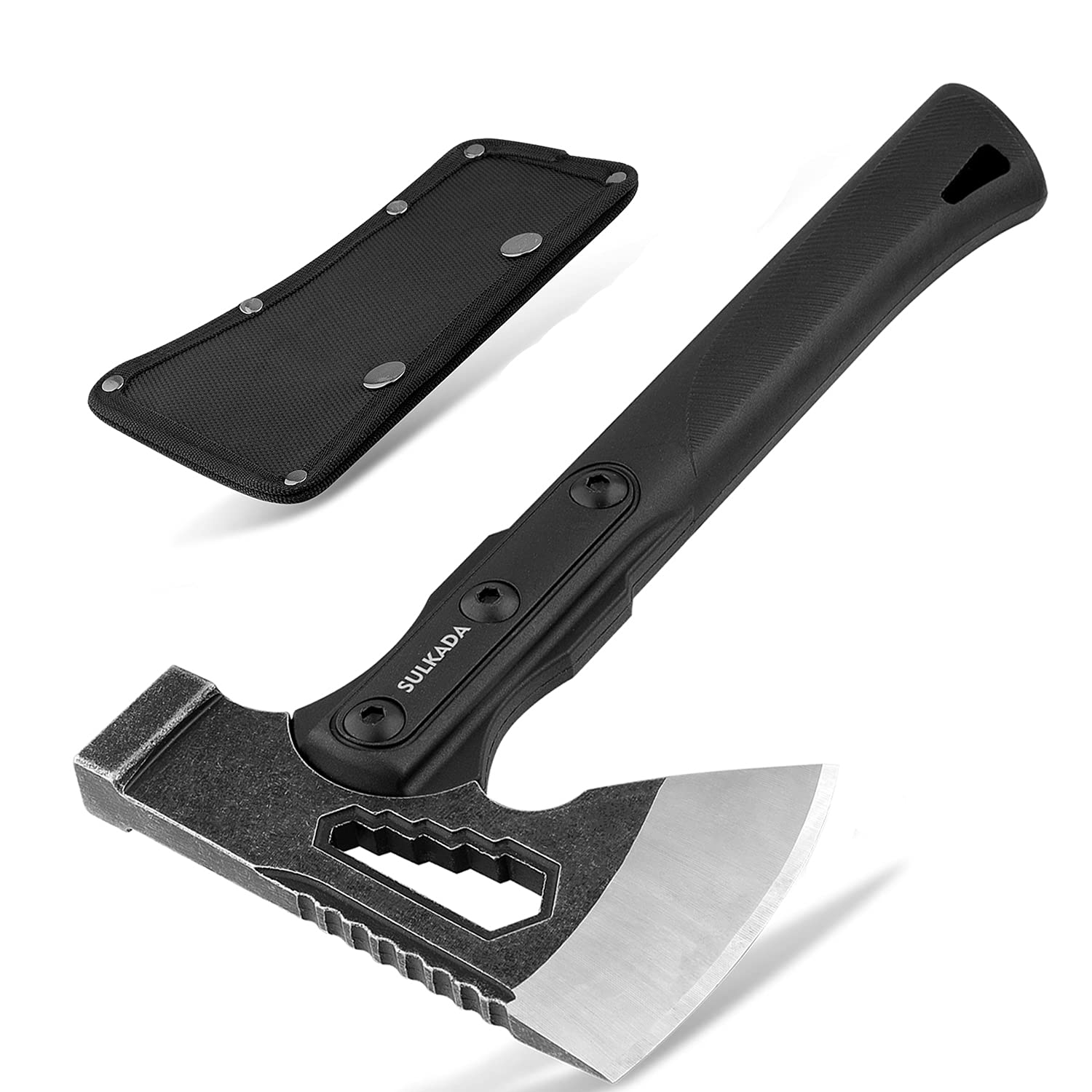 SULKADA camping hatchet blade edge close-up highlights sharp edge for easy wood splitting.