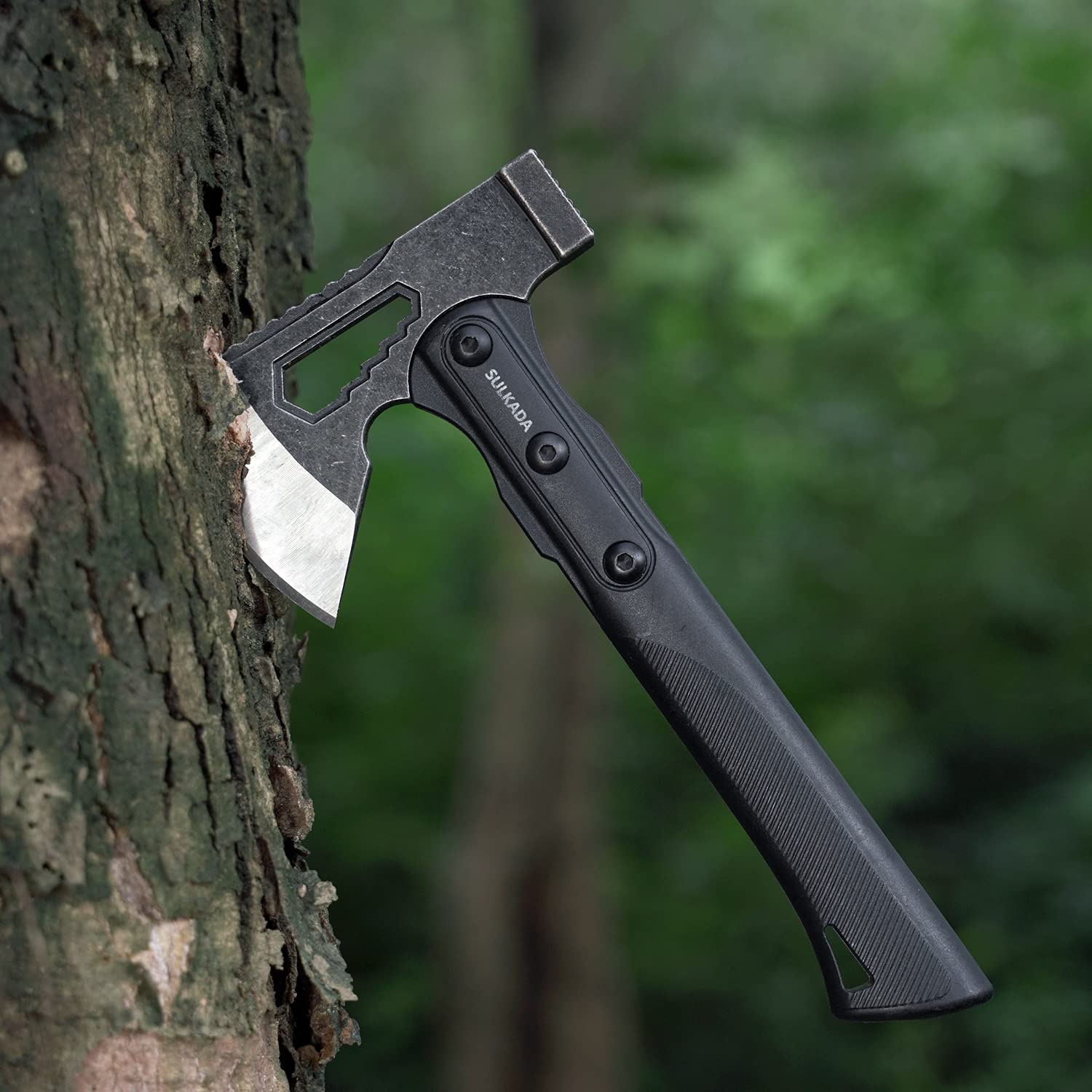 SULKADA survival axe wood-chopping action demonstrates practical field use.