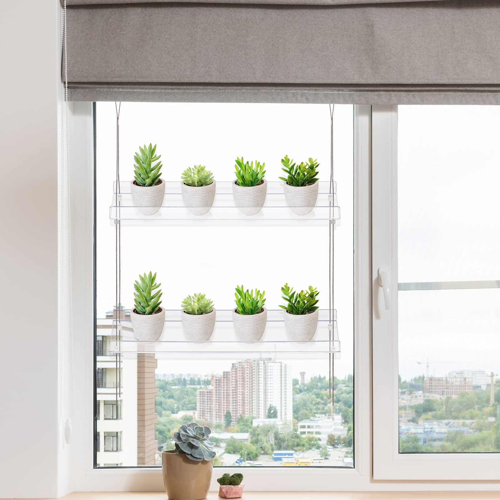 Sumerflos window shelf installation shows a tidy kitchen herb display