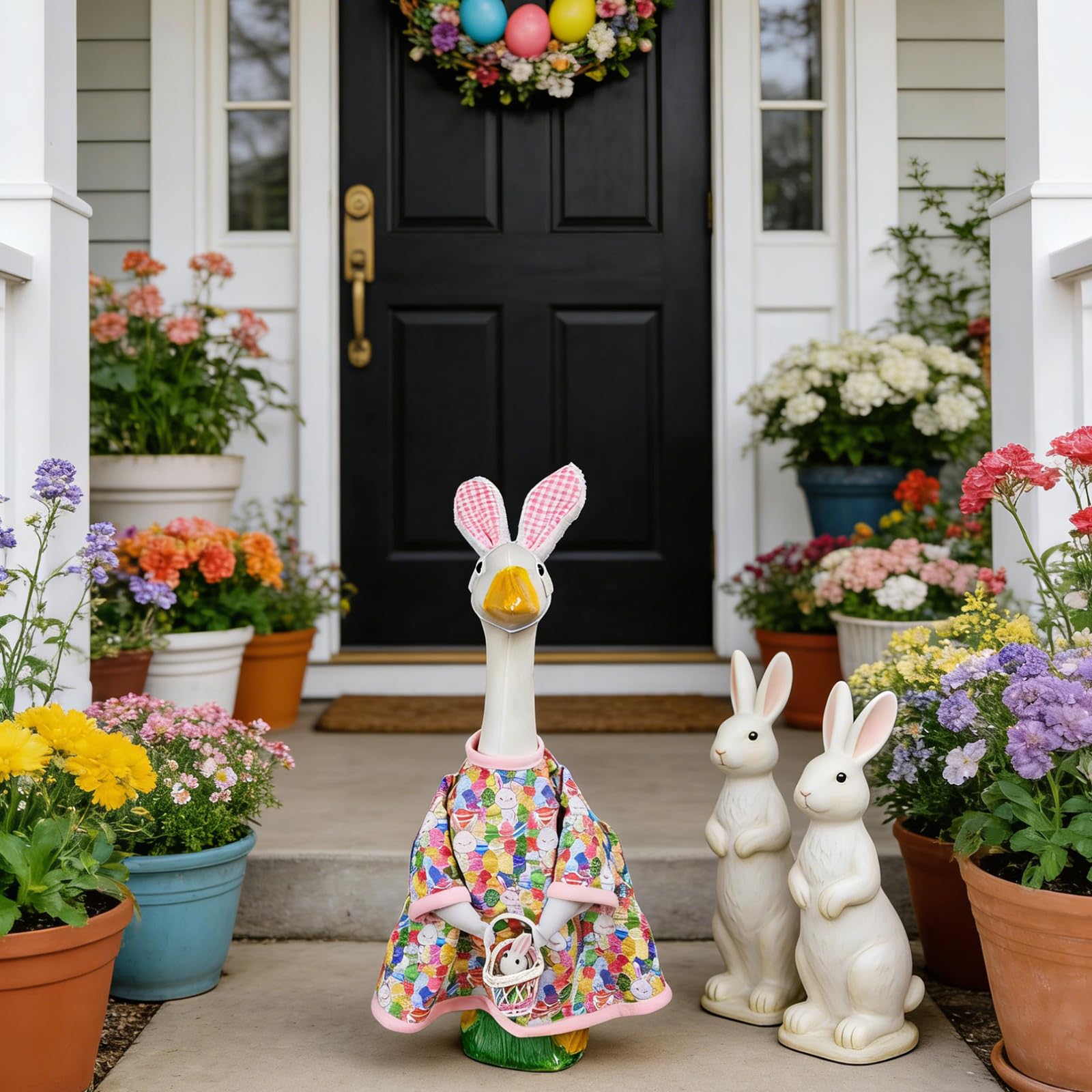 Sumetamii pink dress highlights the goose as a centerpiece for spring display.