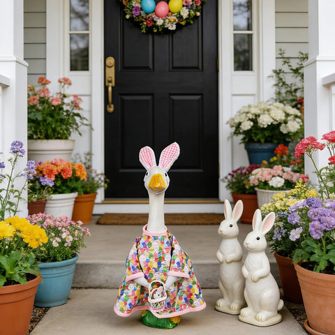 Sumetamii pink dress highlights the goose as a centerpiece for spring display.