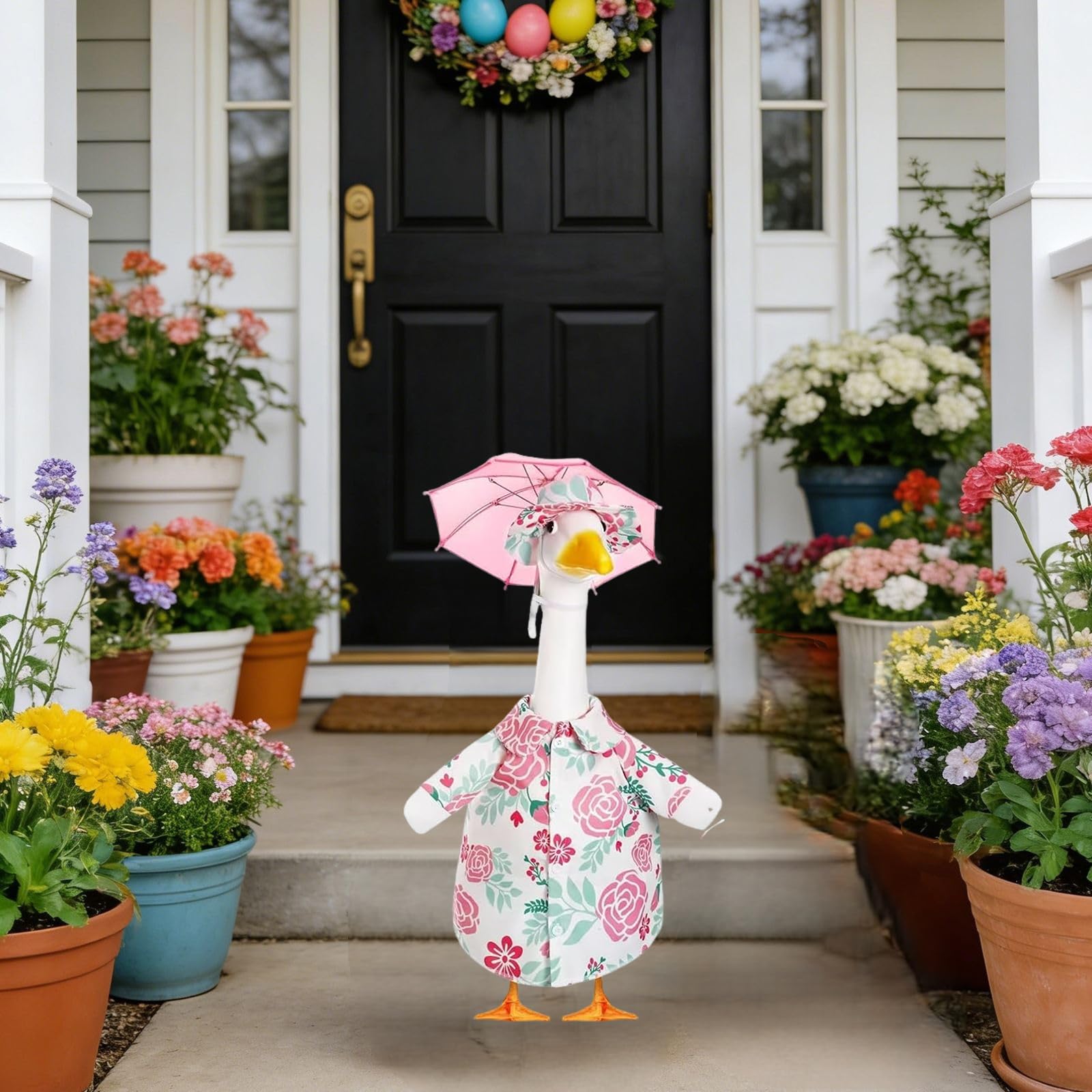 Sumetamii goose costume protects statue and brightens patios.