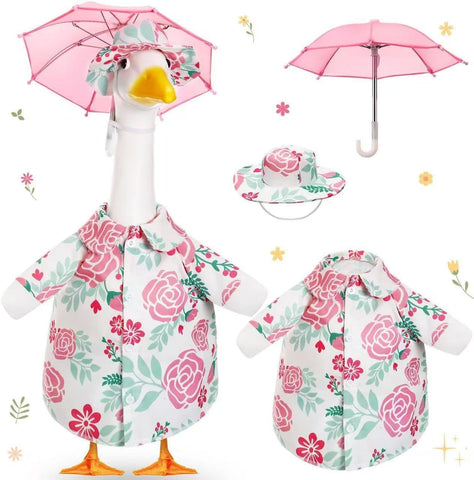 Sumetamii goose raincoat with yellow slicker keeps outdoor statue vibrant in rain.