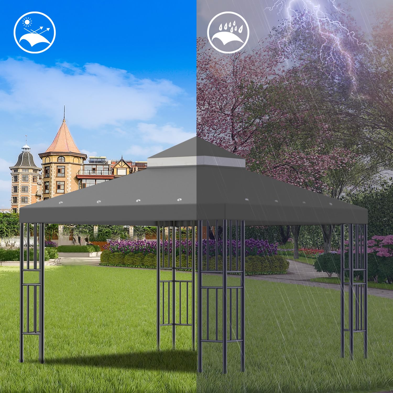 Sumfaller mosquito netting between tiers for ventilation and insect protection.