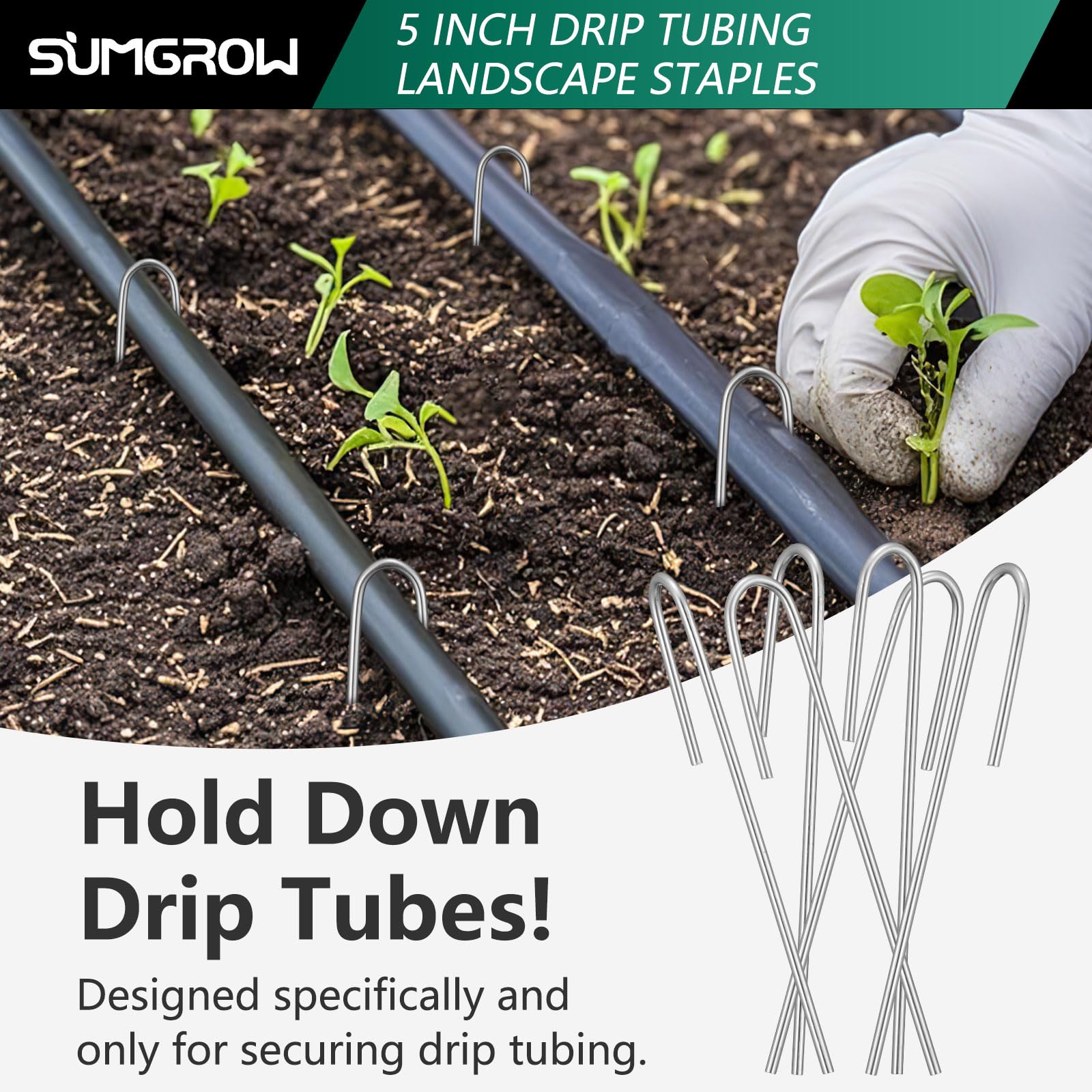 SUMGROW drip stakes close-up shows rust-resistant coating for long-lasting use.