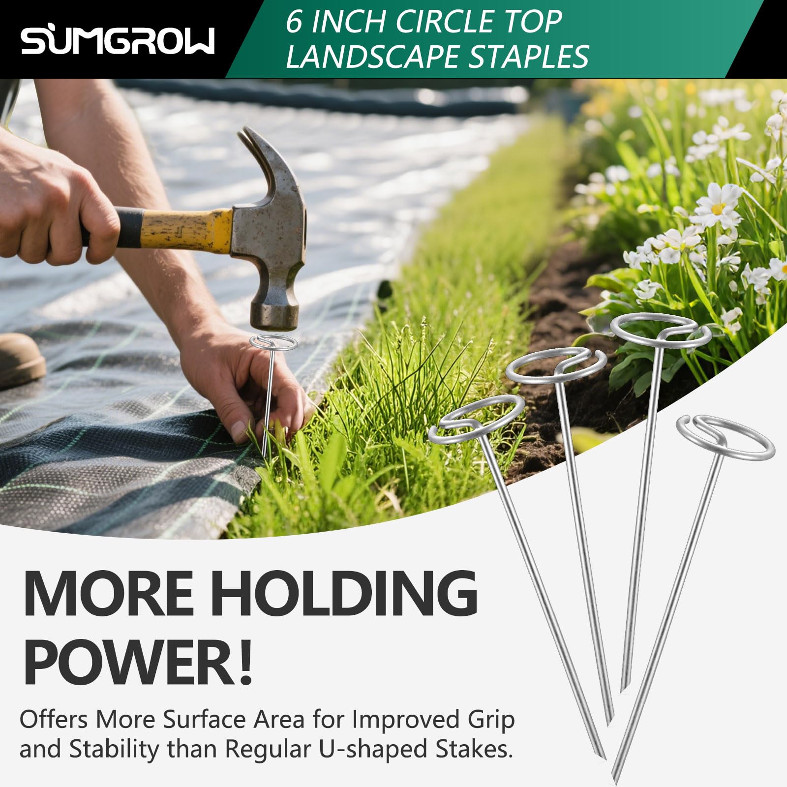 SUMGROW staples anchor weed barriers and garden cloth for stable ground cover.