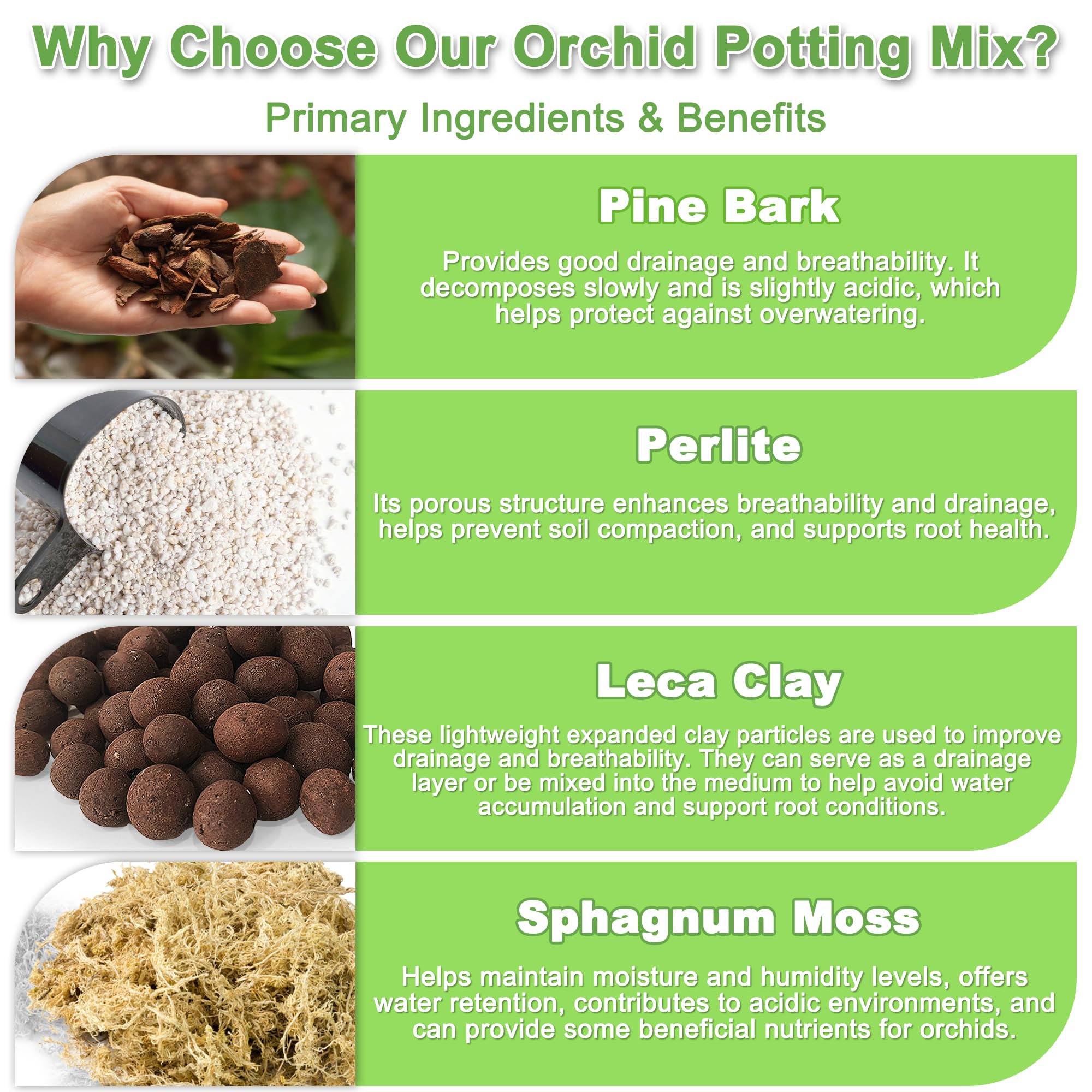 Sumloty orchid mix includes leca clay to reduce compaction