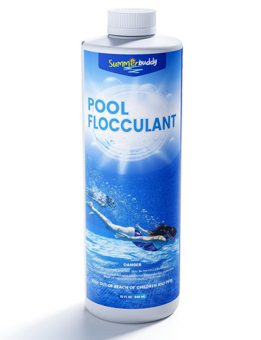 SUMMERBUDDY flocculant bottle closeup showing easy pool treatment