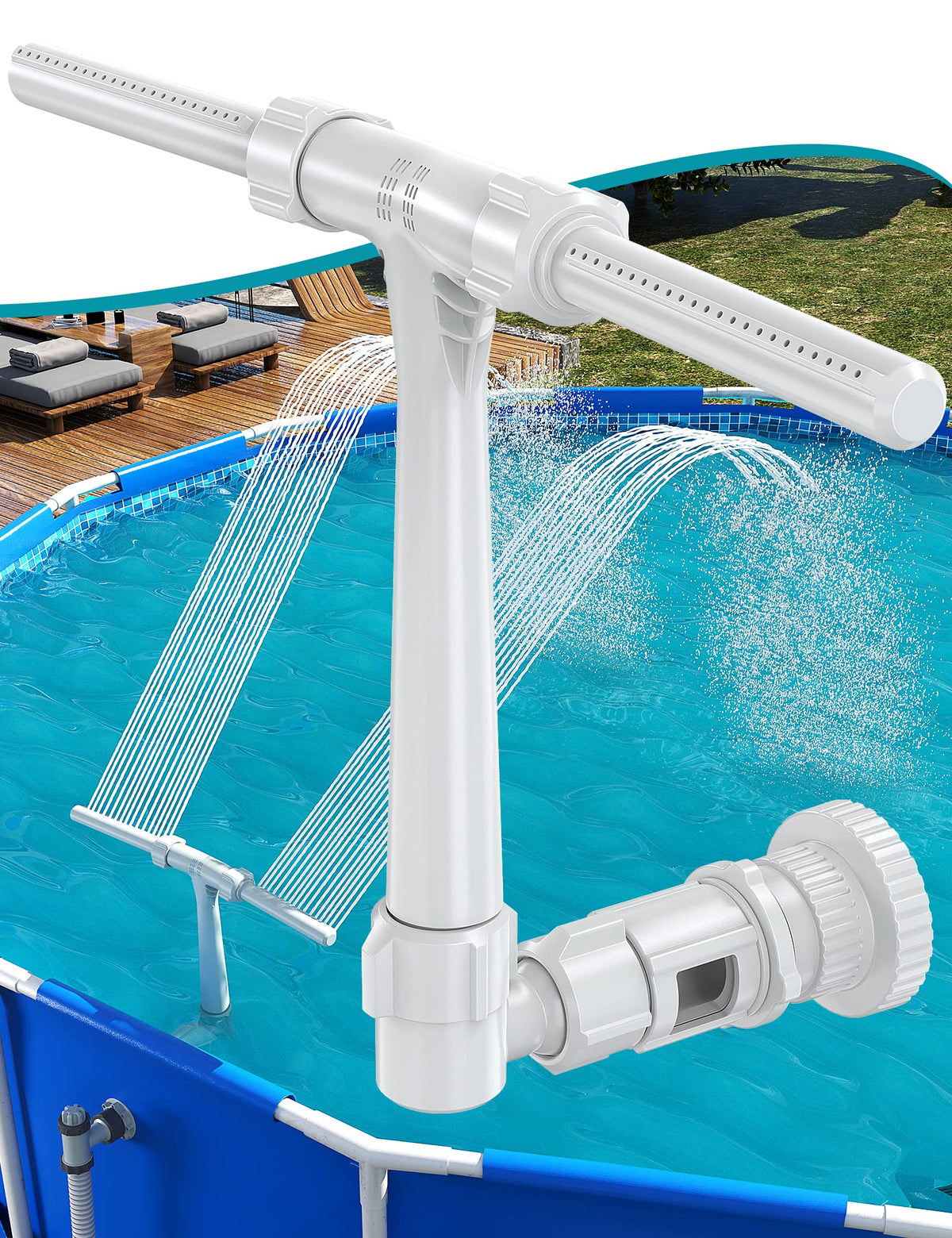 SUMMERBUDDY pool fountain front view with dual jets for cooling and ambiance.