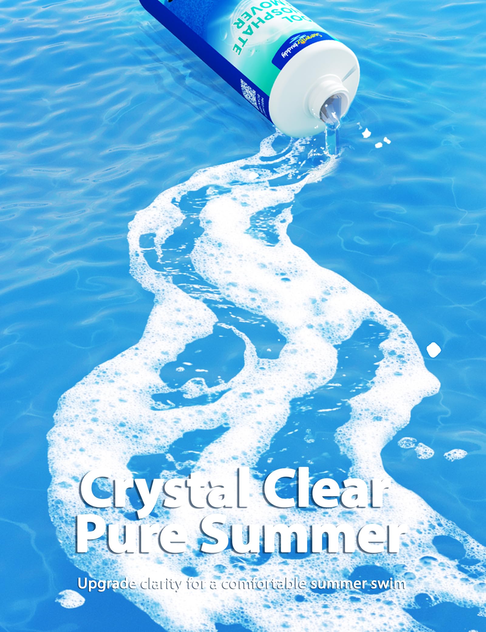 SUMMERBUDDY Pool Phosphate Remover being stirred into pool water for even distribution.
