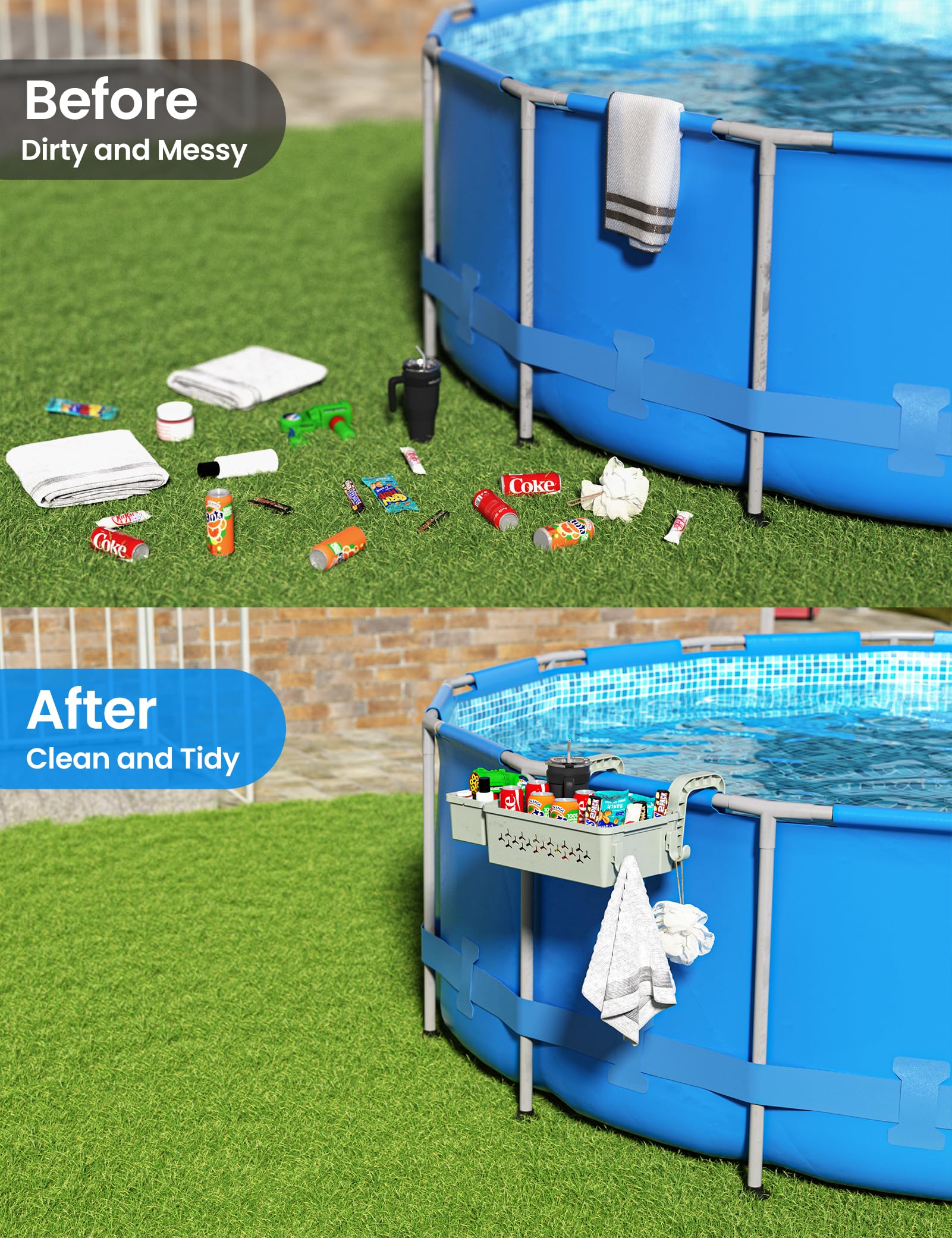 SUMMERBUDDY storage basket mounted on round pool frame demonstrating sturdy organization.