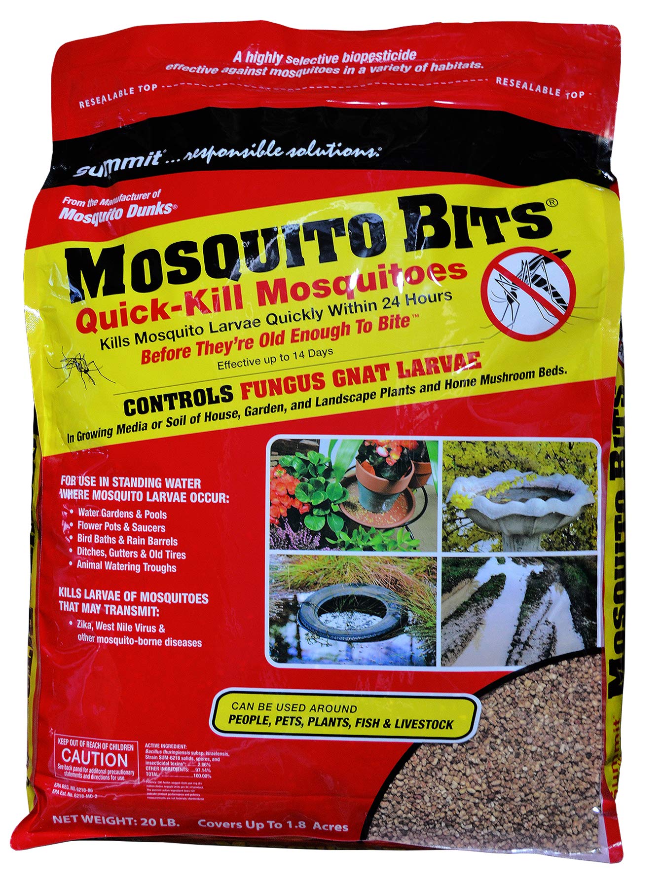 Summit Mosquito Bits 20lb bottle for organic larvicide control of mosquitoes and fungus gnats.