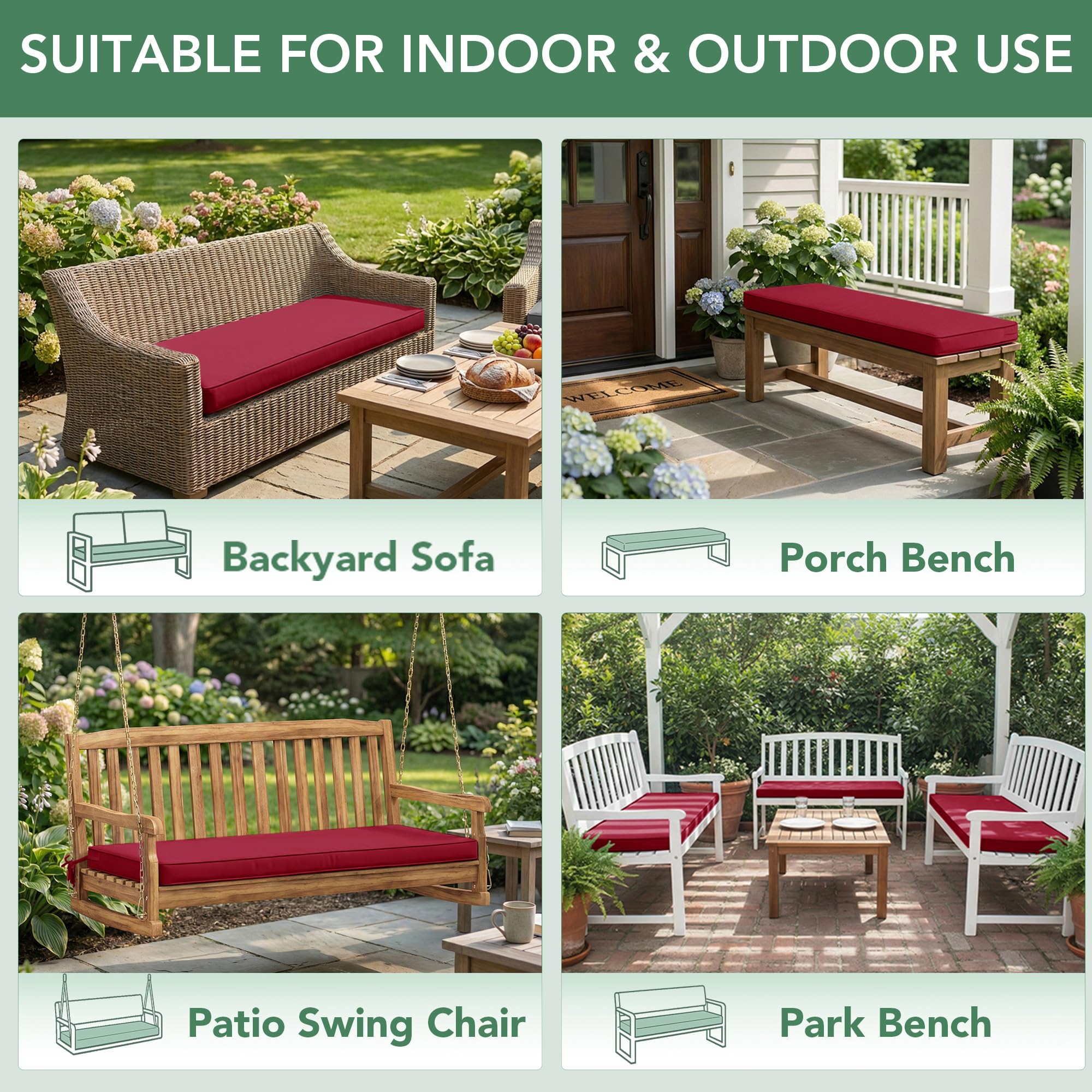 Summsun burgundy cushion complements porch décor and outdoor furniture.