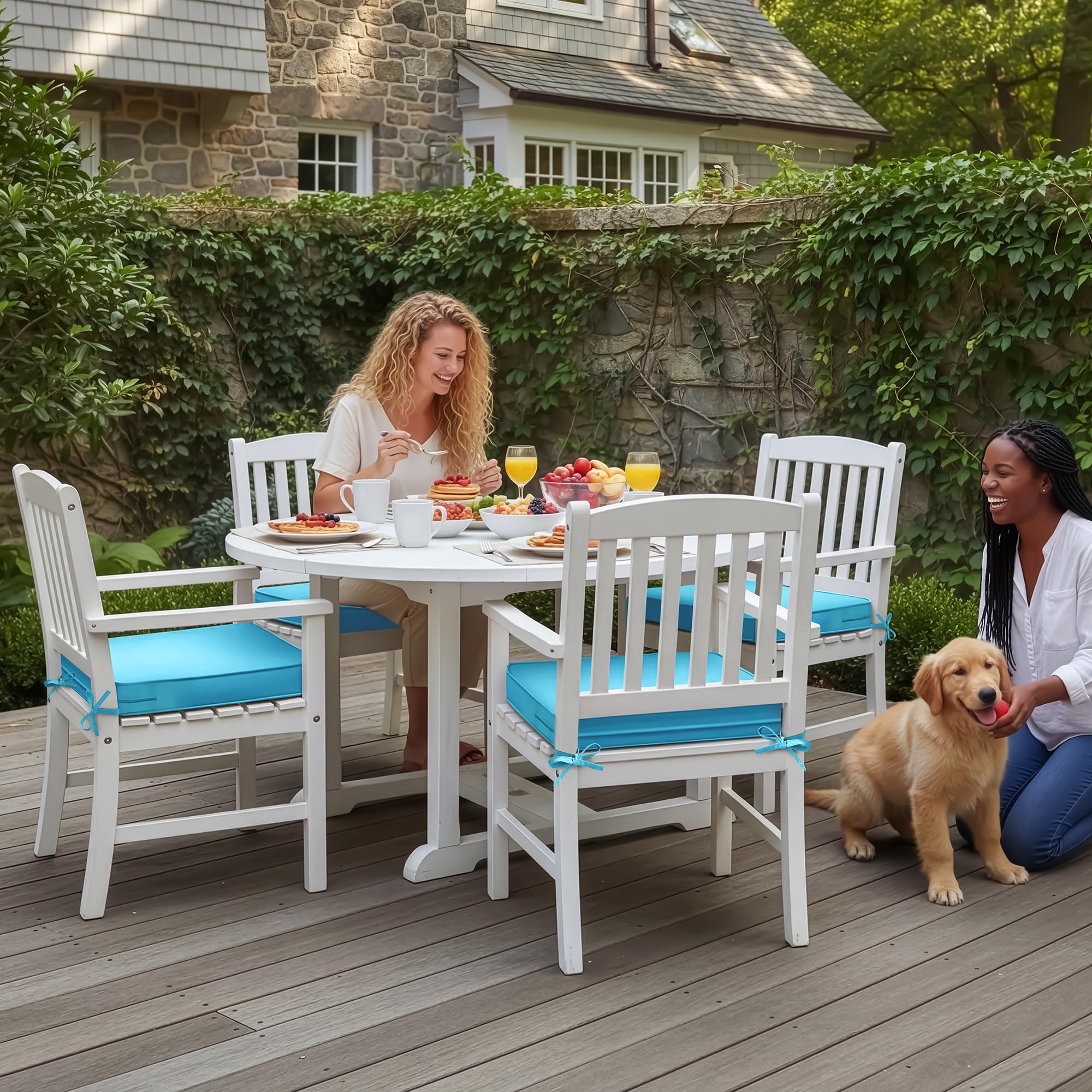 Summsun teal cushions set on chairs showcase weather-ready comfort.