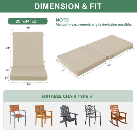 Summsun 44 by 20 inch cushion fits most standard outdoor chairs.