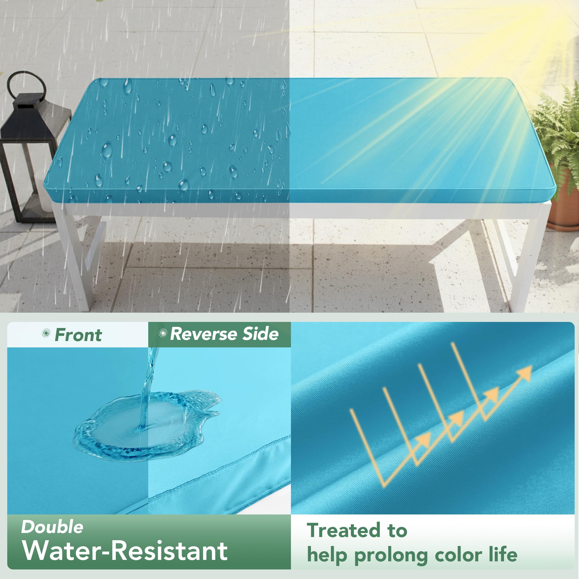 Summsun teal weatherproof bench cushion with fade-resistant color for sunny days.