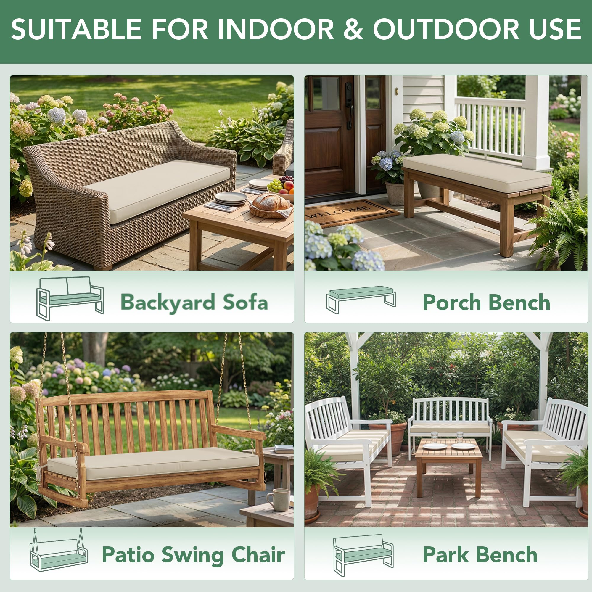 Summsun versatile cushion fits benches, swings, loveseats and loungers outside.
