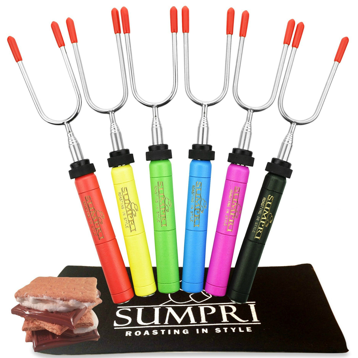 SUMPRI smores sticks with a rotating handle for safe, even toasting around a campfire.