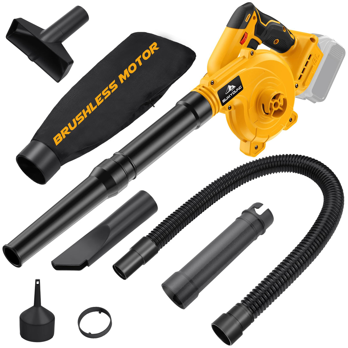 SUMYOUNG cordless leaf blower compatible with DEWALT 20V Max for quick outdoor cleanup.