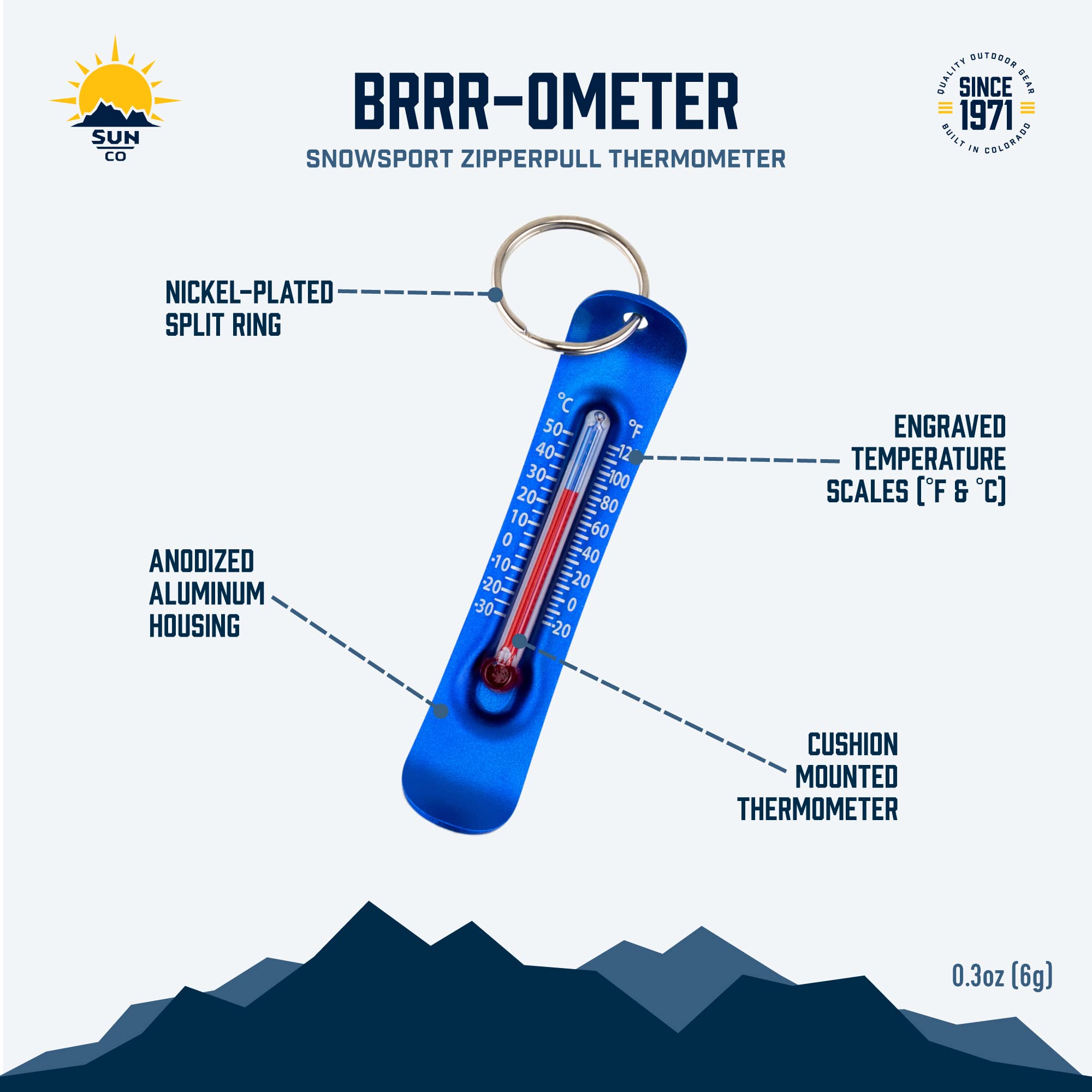 Sun Company Brrr-ometer stowed in a pack for travel ready weather readings