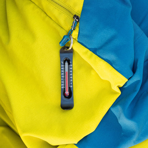 Sun Company Brrr-ometer attached to zipper for easy temperature checks