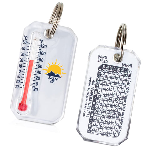 Sun Company Zip-o-gage thermometer attached to a coat for quick outdoor readings