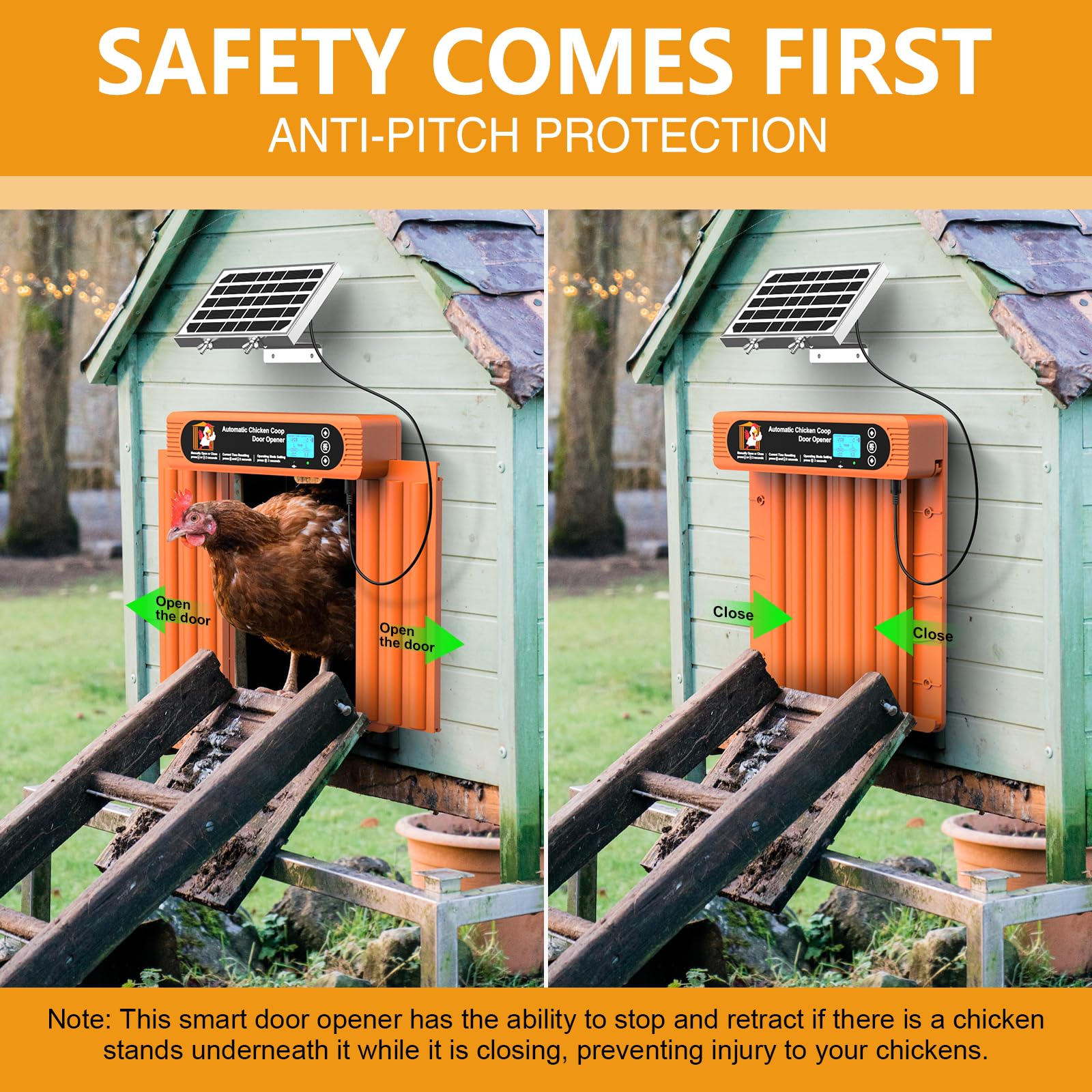 Sun Energise anti-pinch safety mechanism, protects chickens during closing.