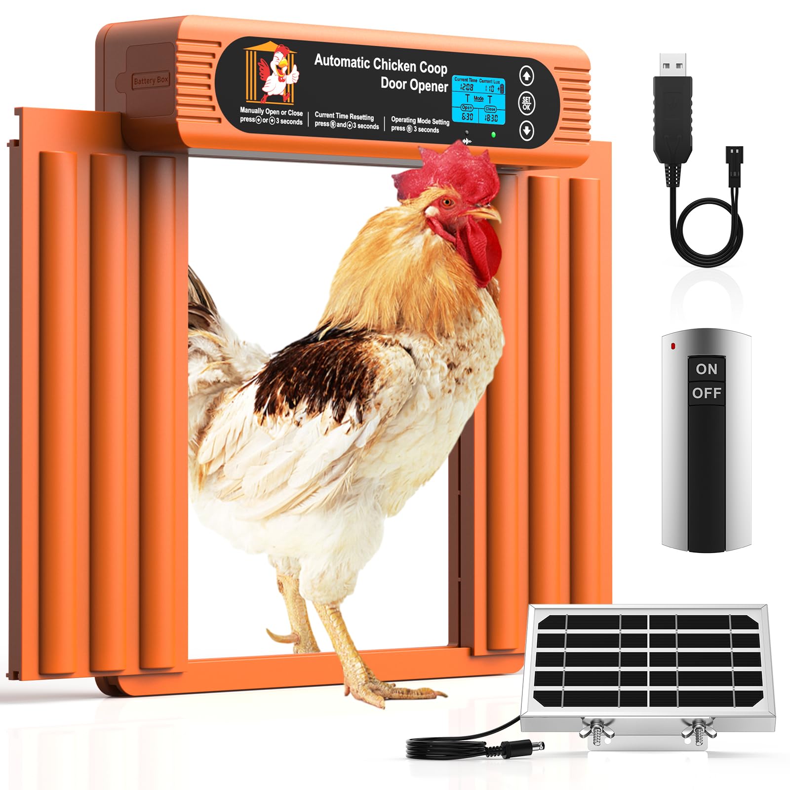 Sun Energise automatic coop door front view, robust design for reliable chicken access.