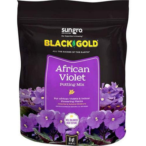 Sun Gro Black Gold African Violet Mix provides balanced drainage and moisture for healthy violets.