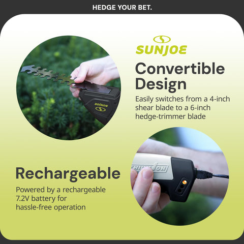 Sun Joe HJ604C hedge trimmer blade shapes shrubs with neat results.